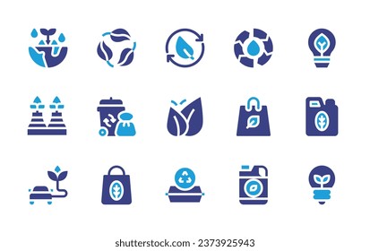 Ecology icon set. Duotone color. Vector illustration. Containing recycling, food container, biodegradable, renewable energy, garbage, shopping bag, eco bag, eco fuel, eco bulb, eco light, ecology.