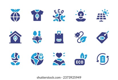 Ecology icon set. Duotone color. Vector illustration. Containing earth, eco friendly fabric, bio energy, balance, plug in, ecological, eco, solar panel, eco tag, recycled, green earth, house, eco bulb