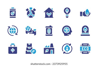 Ecology icon set. Duotone color. Vector illustration. Containing battery, eco, ecology, fuel, bag, factory, think eco, earth day, dialog, tupperware.