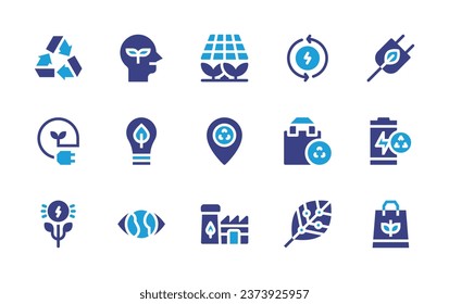 Ecology icon set. Duotone color. Vector illustration. Containing ecologist, save energy, vision, recycle, solar panel, green energy, recycling, plant, factory, renewable energy, plug, battery, bag.