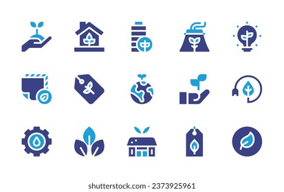 Ecology icon set. Duotone color. Vector illustration. Containing energy saving, eco, plant, eco friendly fabric, water system, hotel, eco packaging, friendly,  house, tag, light.