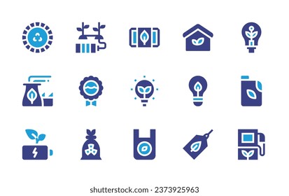Ecology icon set. Duotone color. Vector illustration. Containing  packaging, electric, factory, light, fuel, battery, bag, house, eco, tag, battery, world oceans day