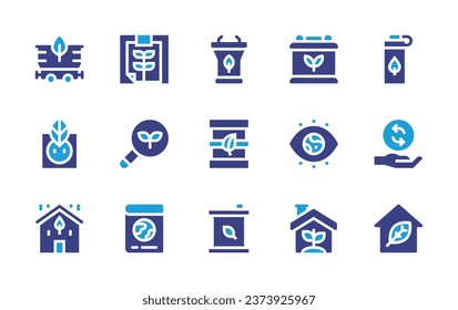 Ecology icon set. Duotone color. Vector illustration. Containing sustainable, gasoline, battery, eye, green house, reusable bottle, responsability, green home, clipboard, magnifying glass, earth.