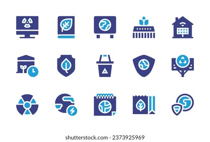 Ecology icon set. Duotone color. Vector illustration. Containing recycle, solar panel, recycling, protection, nature, shield, earth, pc, banner, environment, rubbish bin, mother earth day, latex.