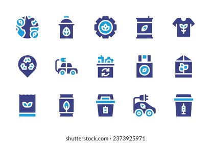 Ecology icon set. Duotone color. Vector illustration. Containing eco fuel, eco bag, eco car, shopping bag, recycling, spray, electric car, bio mass, world, gear, tshirt, placeholder, metal, greenhouse