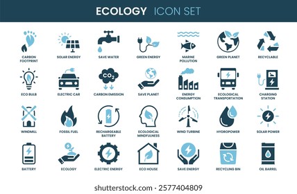 Ecology icon set. Duotone and glyph style.