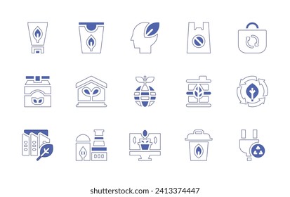 Ecology icon set. Duotone style line stroke and bold. Vector illustration. Containing eco packaging, eco house, eco factory, ecology, bag, bio, plug, plastic bag, barrel, bin.