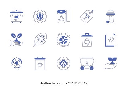 Ecology icon set. Duotone style line stroke and bold. Vector illustration. Containing toilet paper, tag, circular economy, recycle, sustainability, recycle bin, settings, garbage, renewable energy.