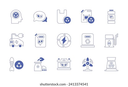 Ecology icon set. Duotone style line stroke and bold. Vector illustration. Containing recycling, renewable energy, paper bin, battery, windmill, conversation, biofuel, biodiesel, nuclear power.