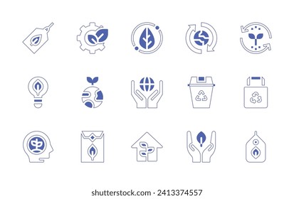 Ecology icon set. Duotone style line stroke and bold. Vector illustration. Containing gear, eco friendly, packaging, eco tag, ecology, tote bag, label, environment protection.