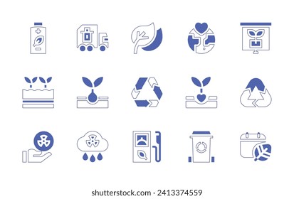 Ecology icon set. Duotone style line stroke and bold. Vector illustration. Containing leaf, love, recycle, plant, bio, no, battery, garbage, sprouts, growing plant, nuclear energy, acid rain.