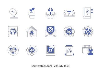 Ecology icon set. Duotone style line stroke and bold. Vector illustration. Containing flower, sprinkler, invitation, mother earth day, gasoline, dangerous, sow, plant, barrel, farm, radiation, soil.