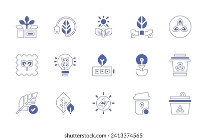 Ecology icon set. Duotone style line stroke and bold. Vector illustration. Containing package, renewable energy, material, innovation, hypoallergenic, leaf, photosynthesis, scooter, battery, light.