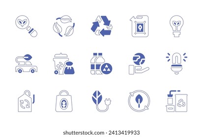 Ecology icon set. Duotone style line stroke and bold. Vector illustration. Containing biodegradable, garbage, eco bag, ecology, eco car, eco tag, green energy, fluorescent light, factory, biofuel.