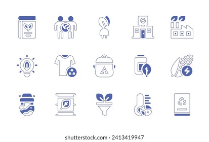 Ecology icon set. Duotone style line stroke and bold. Vector illustration. Containing friends, clothes, eco fuel, ecology, eco, eco car, factory, bio energy, book, recycling center, plug, battery.