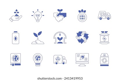 Ecology icon set. Duotone style line stroke and bold. Vector illustration. Containing green energy, growth, ecologism, ecology, eco battery, ecology book, recycling truck, hydrogen, recycling, globe.