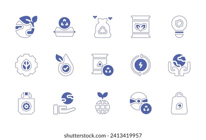 Ecology icon set. Duotone style line stroke and bold. Vector illustration. Containing food container, hypoallergenic, earth, ecologic, ecology, eco bag, light, shopping bag, biofuel, waste, renewable.