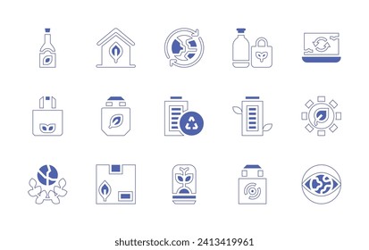 Ecology icon set. Duotone style line stroke and bold. Vector illustration. Containing eco house, eco bag, eco packaging, ecology, recycling, gear, vision, biodegradable, recycle, battery, bulb.