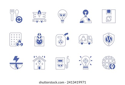 Ecology icon set. Duotone style line stroke and bold. Vector illustration. Containing light bulb, biofuel, earth, sustainable, cutlery, boxes, energy consumption, latex, coal, plug, security, garbage.