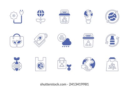 Ecology icon set. Duotone style line stroke and bold. Vector illustration. Containing bio energy, ecology, eco bag, eco tag, eco, recycling glass, bag, save energy, recycling bin, world, trash.