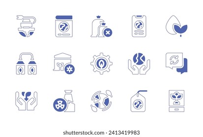 Ecology icon set. Duotone style line stroke and bold. Vector illustration. Containing earth, tag, electric car, water, settings, biogas, reforestation, trash bag, recycling, app, artificial light.