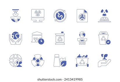 Conjunto de iconos de ecología. Curso de línea de estilo duotónico y negrita. Ilustración vectorial. Conteniendo bio, fábrica verde, riego, nuclear, pc, reciclado, coexistencia, reciclado, derecho ambiental, reforestación.