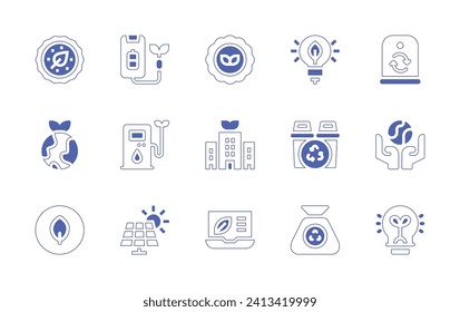Ecology icon set. Duotone style line stroke and bold. Vector illustration. Containing eco, energy, solar panel, ecological, ecology, glass container, earth, light bulb, idea, bio, recycled, green city