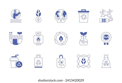 Ecology icon set. Duotone style line stroke and bold. Vector illustration. Containing earth, recycle, reusable, mother earth day, environmentally responsible factory, recycling, green power, biomass.