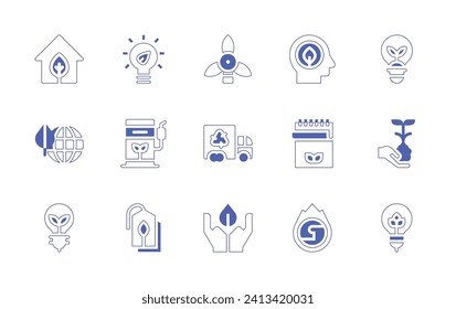 Ecology icon set. Duotone style line stroke and bold. Vector illustration. Containing eco fuel, eco light, eco tag, eco house, ecology, light bulb, ecology and environment, think green, notebook.