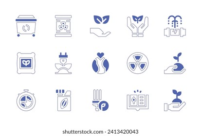 Ecology icon set. Duotone style line stroke and bold. Vector illustration. Containing ecology, ecology and environment, nature, recycle, world, fertilizer, light bulb, timer, pipe, gardening, growth.