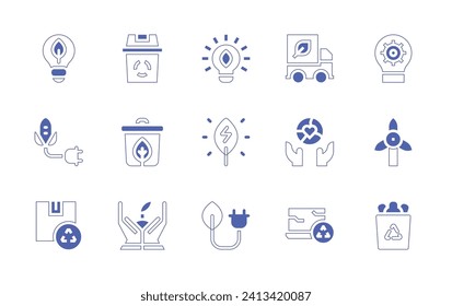 Ecology icon set. Duotone style line stroke and bold. Vector illustration. Containing light bulb, green energy, idea, cardboard, natural, recycle bin, growth, lightbulb, turbine, recycling container.