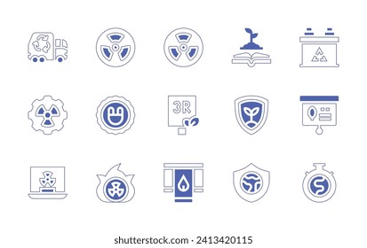 Ecology icon set. Duotone style line stroke and bold. Vector illustration. Containing radiation, book, signaling, shield, decoration, environment protection, garbage truck, contamination, plug, button