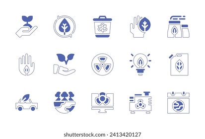 Ecology icon set. Duotone style line stroke and bold. Vector illustration. Containing plant, eco, natural product, leaves, eco car, forest, recycling bin, radiation, light, nuclear, electric generator
