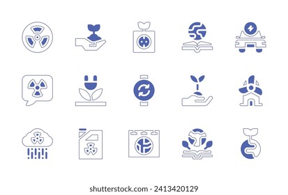 Ecology icon set. Duotone style line stroke and bold. Vector illustration. Containing socket, book, circular arrows, plant, boarding, radioactive, leaf, chat, plug, acid rain, radiactive, electric car