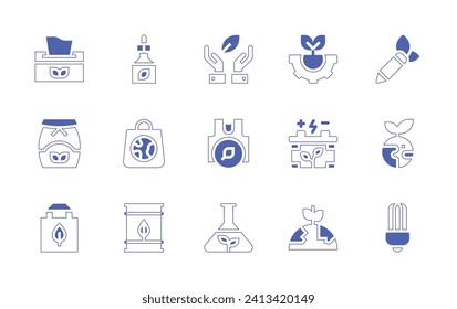 Ecology icon set. Duotone style line stroke and bold. Vector illustration. Containing eco packaging, eco bag, eco fuel, ecology, eco, pencil, earth, lamp, engineering, accumulator, planet.