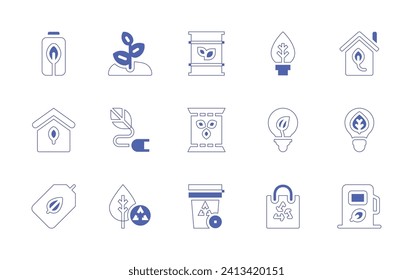 Ecology icon set. Duotone style line stroke and bold. Vector illustration. Containing plant, electricity, recycling, eco battery, house, tag, eco, fuel, green energy, light bulb, recycling