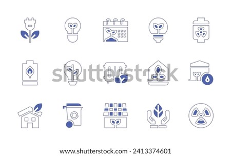 Ecology icon set. Duotone style line stroke and bold. Vector illustration. Containing eco light, recycling bin, green energy, eco battery, eco house, world environment day, idea, heating, greenhouse.