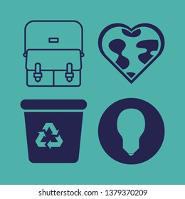ecology icon set with earth in heart shape, bag and bulb vector illustration