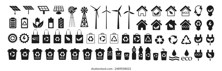 Ecology icon set. Eco green friendly icon on transparent background. Solar energy, windmill, recycling and sorting of waste.