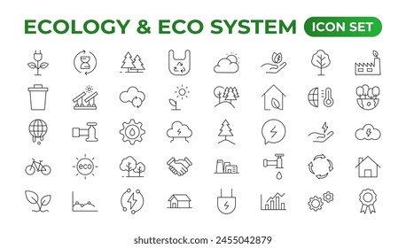 Ecology icon set. Ecofriendly icon, nature icons set. Linear ecology icons. Environmental sustainability simple symbol. Simple Set of  Line Icons.Global Warming, Forests, Organic Farming.