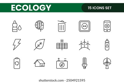 Ecology icon set. Ecofriendly icon, nature icons set. Linear ecology icons. Environmental sustainability simple symbol. Simple Set of  Line Icons.Global Warming, Forests, Organic Farming.