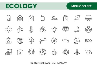 Ecology icon set. Ecofriendly icon, nature icons set. Linear ecology icons. Environmental sustainability simple symbol. Simple Set of  Line Icons.Global Warming, Forests, Organic Farming.