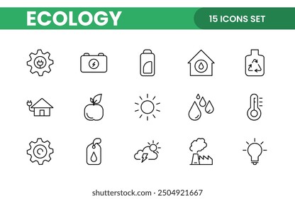 Ecology icon set. Ecofriendly icon, nature icons set. Linear ecology icons. Environmental sustainability simple symbol. Simple Set of  Line Icons.Global Warming, Forests, Organic Farming.