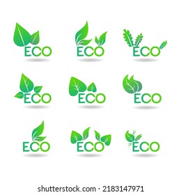 Ecology icon set. Eco-icons with green leafs on white background