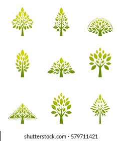 Ecology icon set. Eco-icons.Trees, forest, park, green vector silhouettes isolated on white background.