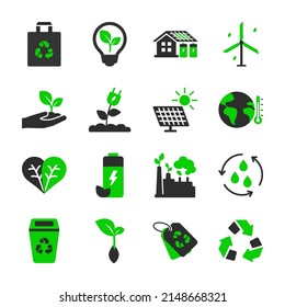 Conjunto de iconos de ecología. Instalaciones ecológicas, preservación del medio ambiente. Iconos simples con color de acento.
