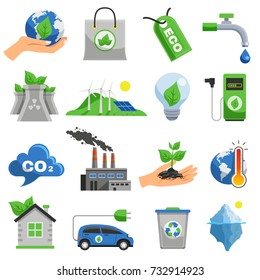 Ecology icon set with elements and attributes of ecological situation and pollution of nature vector illustration