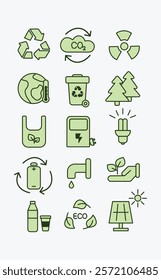 Ecology icon set,  Energy Saving, environment, sustainability, nature, recycle, renewable energy; eco-friendly, forest, water, plastic, alter energy, green symbol. Editable Stroke. Vector illustration