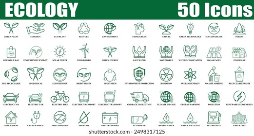 Ecology icon set. Environment, Eco friendly set of 50 icon in line style. Editable Colorful Nature icons set isolated on white background.