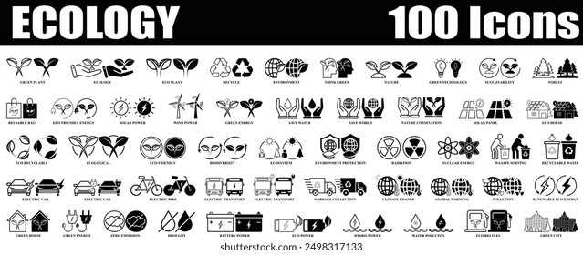 Ecology icon set. Environment, Eco friendly set of 50 icon in fill and line style. Editable Black and White Colorful Nature icons set isolated on white background.